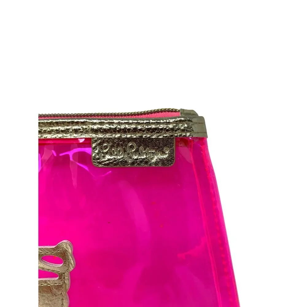 Lilly Pulitzer Clear Hot Pink Havana Clutch Pouch Gold Tone Zipper Shell Design